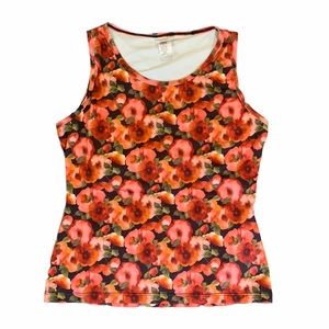 Vintage Floral Top-90s Sleeveless, Red Orange Flowers, Built-in Shelf Bra